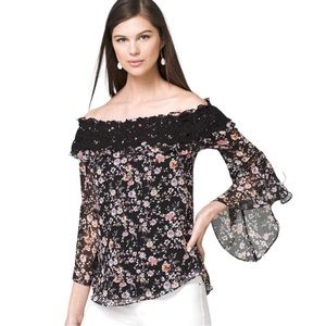 NWT WHBM Floral Print Crochet-Trim Off-The-Shoulder Blouse, Size Large